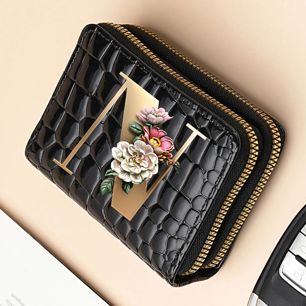 Alphabet Flower Double-Zip Card Wallet with Secure Clasp