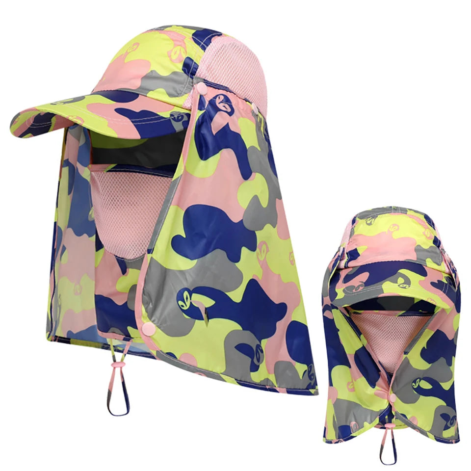 A pink and green camouflage sun hat with a wide brim shown in an open and closed view.