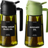 A dark green glass bottle of extra virgin olive oil with a black dispenser and sprayer top.