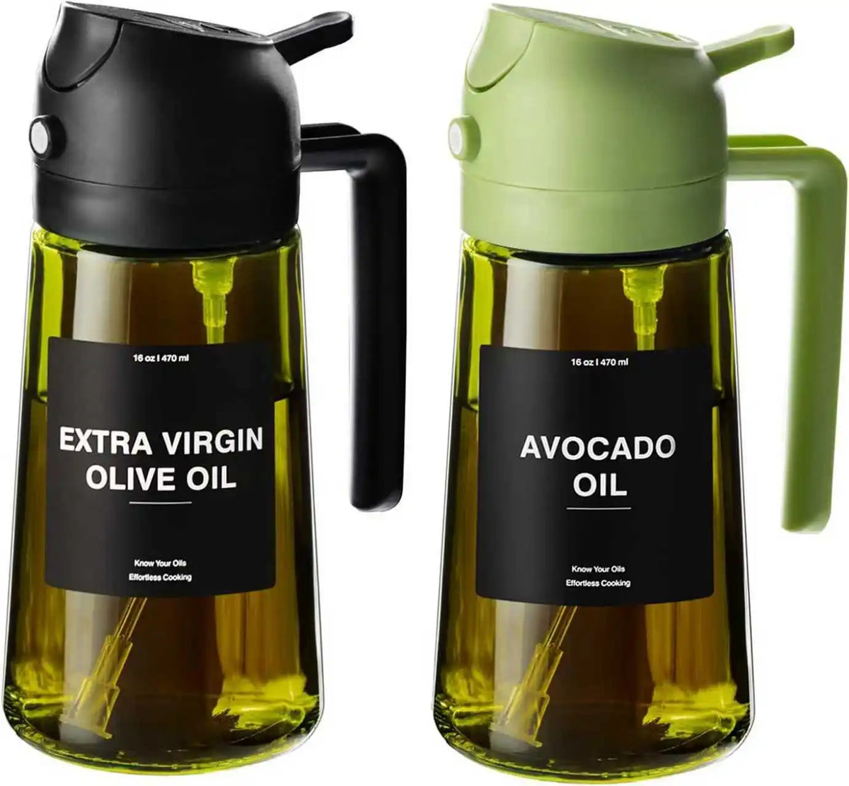 A dark green glass bottle of extra virgin olive oil with a black dispenser and sprayer top.