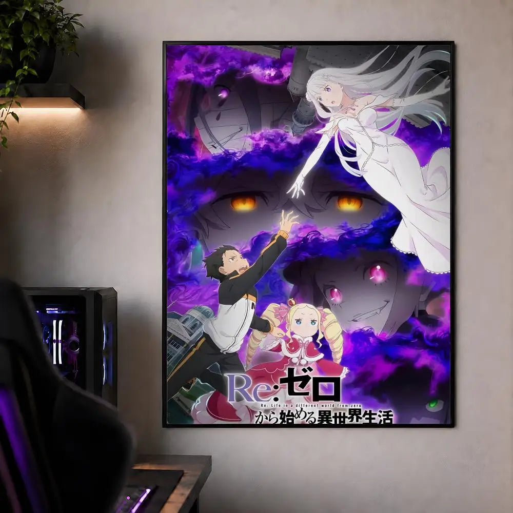 A poster featuring anime characters from Re:Zero in a dark purple and black style