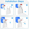 Four steps showing the installation of a white laundry detergent cup holder with a drip tray