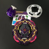 A purple metal battle spinning top with a sound effect mechanism and a silver metal disc.