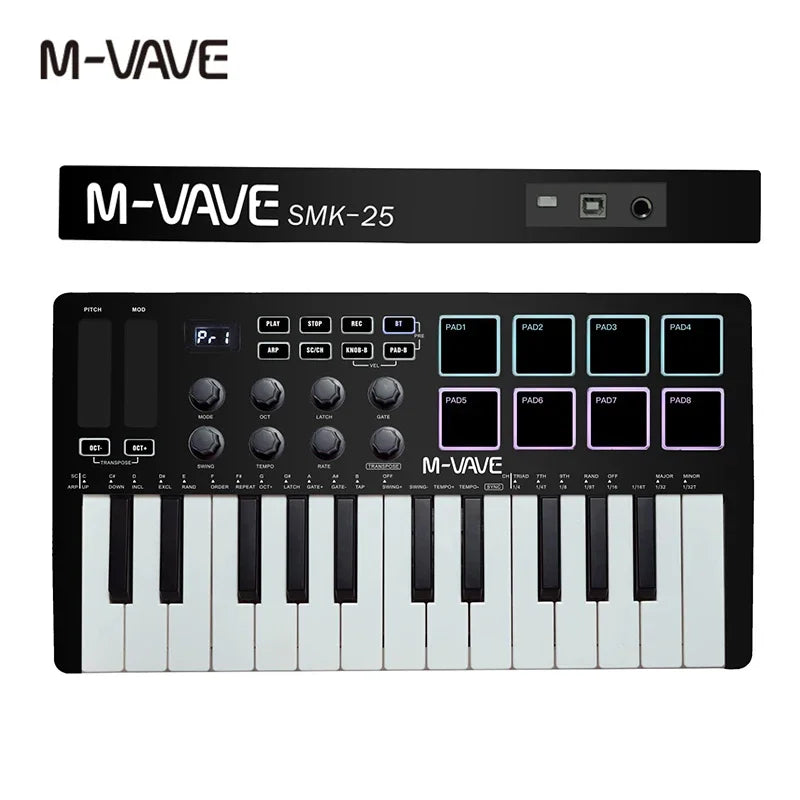 Portable 25-Key MIDI Controller with Pads and Wireless Connectivity
