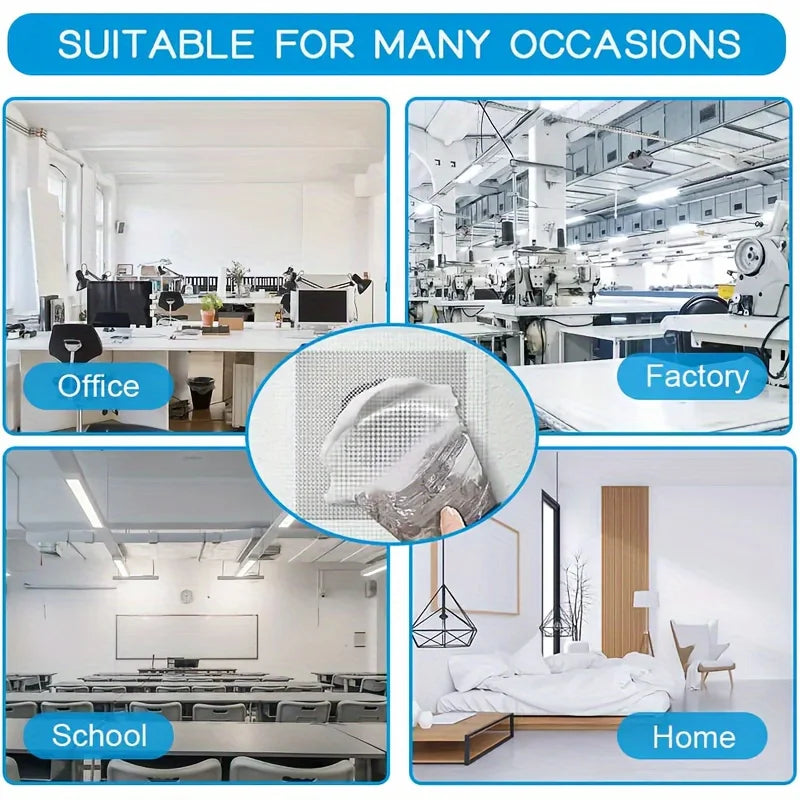 A kit for heavy-duty self-adhesive drywall repair patches shown in various contexts including an office, factory, school, and
