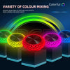 A variety of colorful LED light effects displayed on various surfaces.