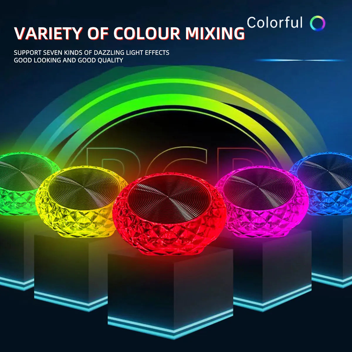 A variety of colorful LED light effects displayed on various surfaces.