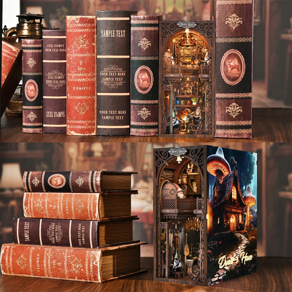 A display of books and a DIY book nook kit featuring an enchanted owl theme with intricate details and LED lighting.