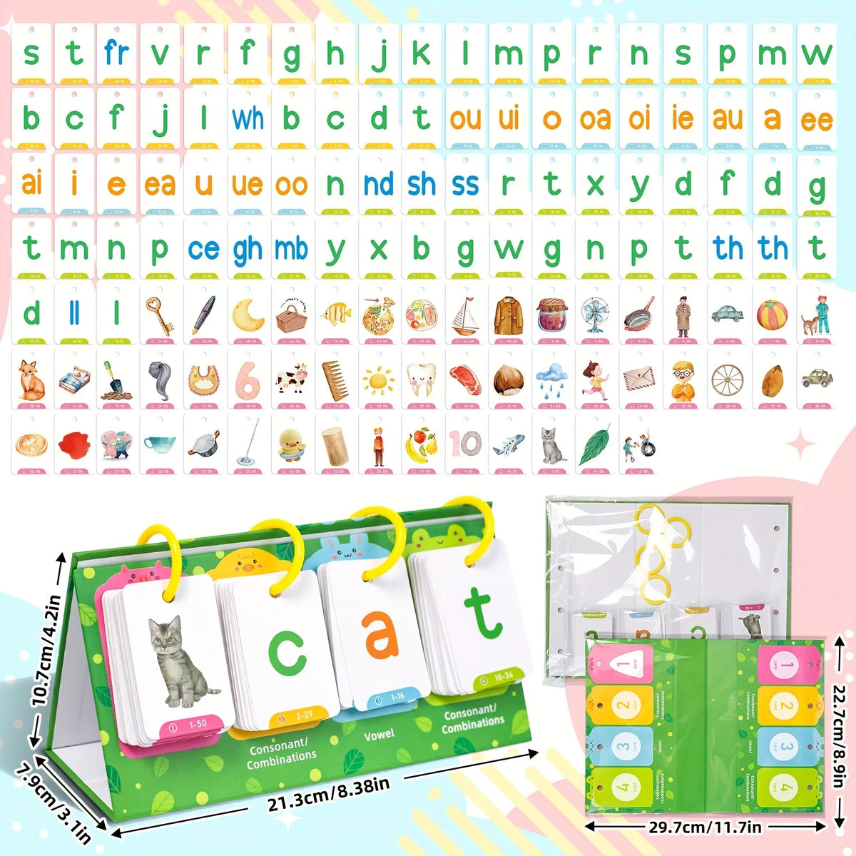 A set of word builder flash cards featuring letters and words for a game for kids