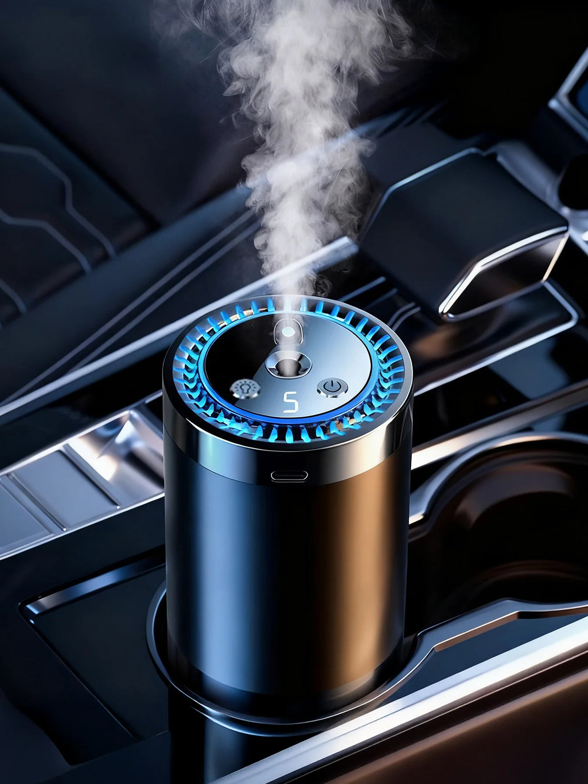 Diffuseur d'aromathérapie portable USB pour voiture avec éclairage d'ambiance LED émettant un pan de vapeur blanche.