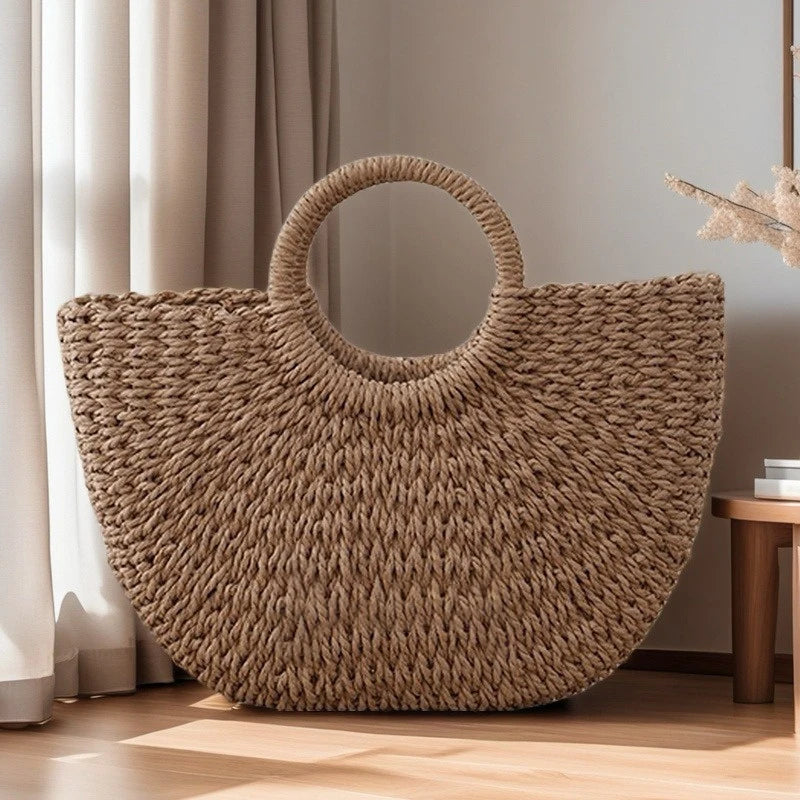 Handwoven Rattan Half-Moon Beach Bag