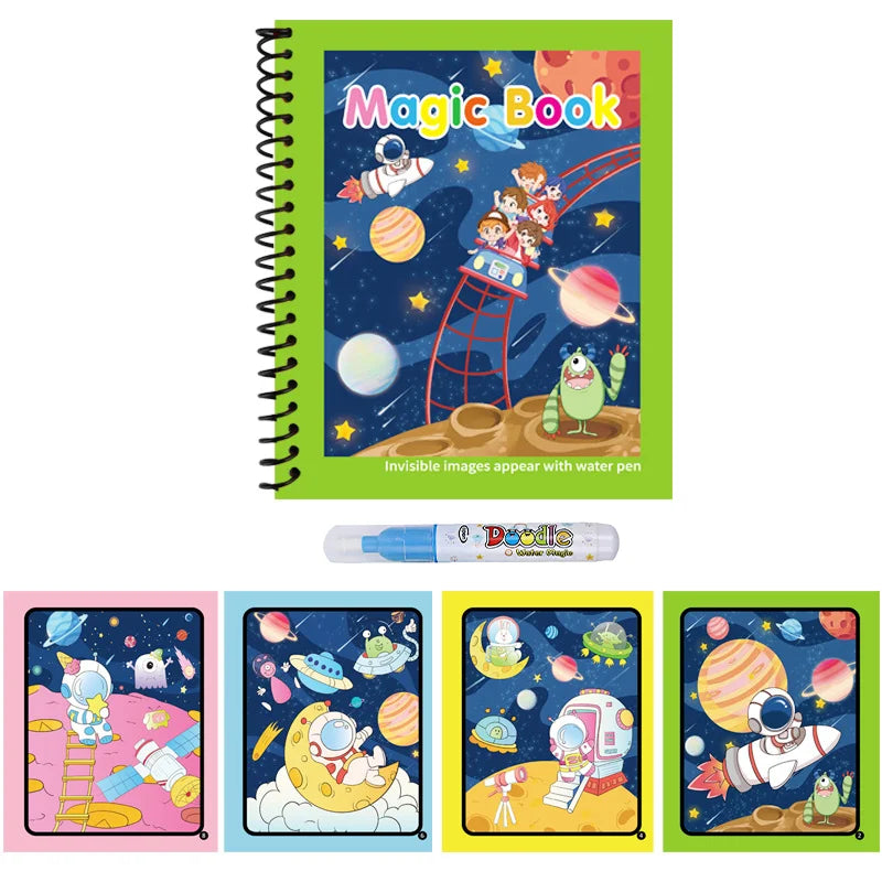 A colorful magic book featuring illustrations of space, planets, and animals, with an invisible image effect.