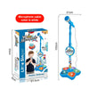 A white microphone cable and stand for a kid's karaoke microphone with a built-in speaker.