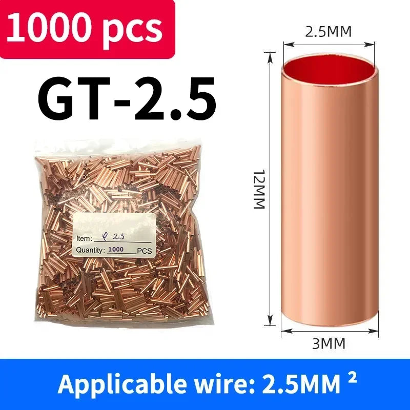 A bag of 1000 pieces of 2.5mm copper wire or terminals, shown next to a cylindrical copper tube.
