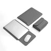 A gray water-resistant PU leather laptop sleeve shown with the laptop and a separate protective cover.