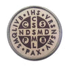 Embroidered patch featuring the Knights Templar cross shield design in dark brown on a light fabric background.