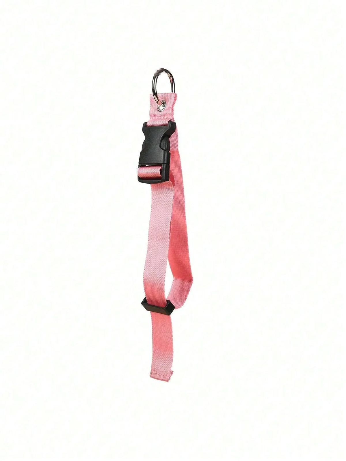 A pink durable polyester luggage strap with a black plastic buckle and metal ring.