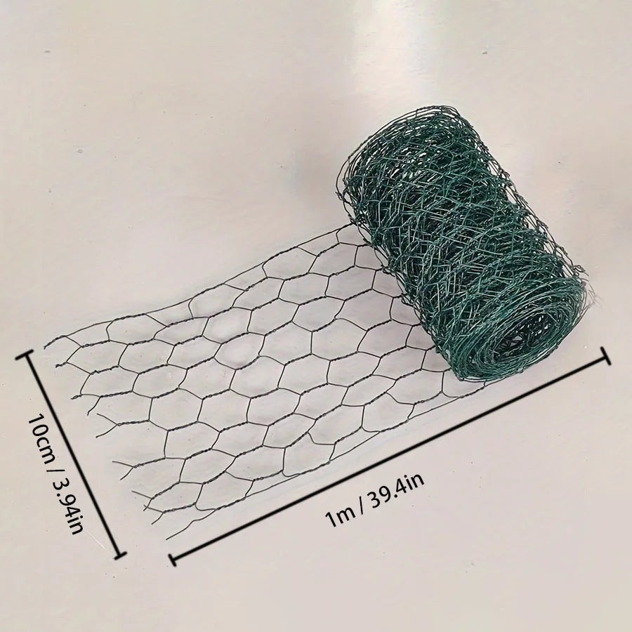A roll of green PVC-coated hexagonal garden fencing netting next to a flat piece showing its mesh pattern and dimensions.