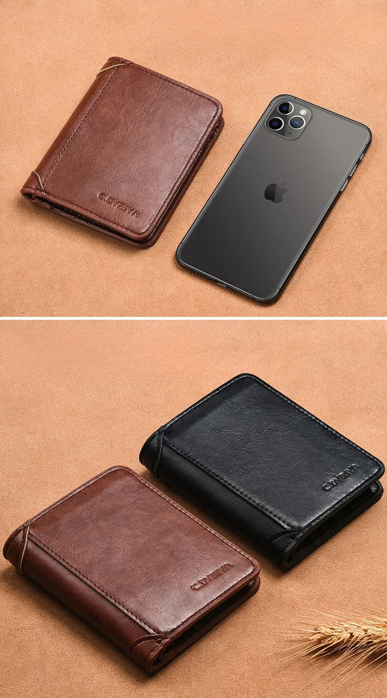 A brown leather card holder wallet and a black leather wallet placed next to an iPhone.