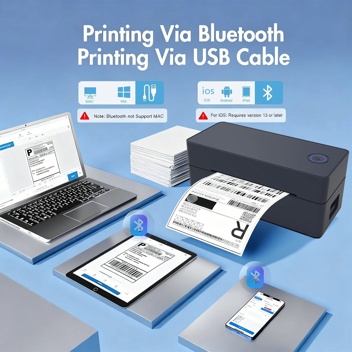 A compact Bluetooth thermal label printer is shown with various devices like a laptop, smartphone, and tablet demonstrating p