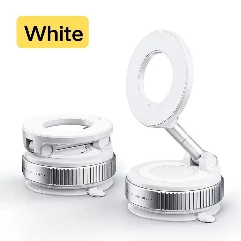 Support de téléphone magnétique blanc avec mécanisme rotatif, montré sous différentes formes.