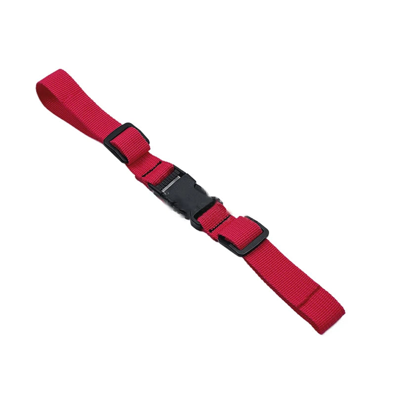A red adjustable backpack chest strap with black accents.