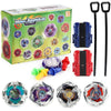 A box set of metal gyro spinning tops and launchers for a battle game.