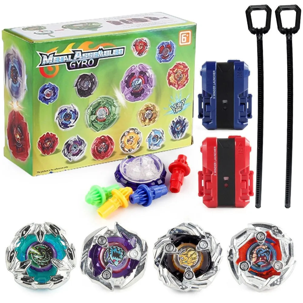 A box set of metal gyro spinning tops and launchers for a battle game.
