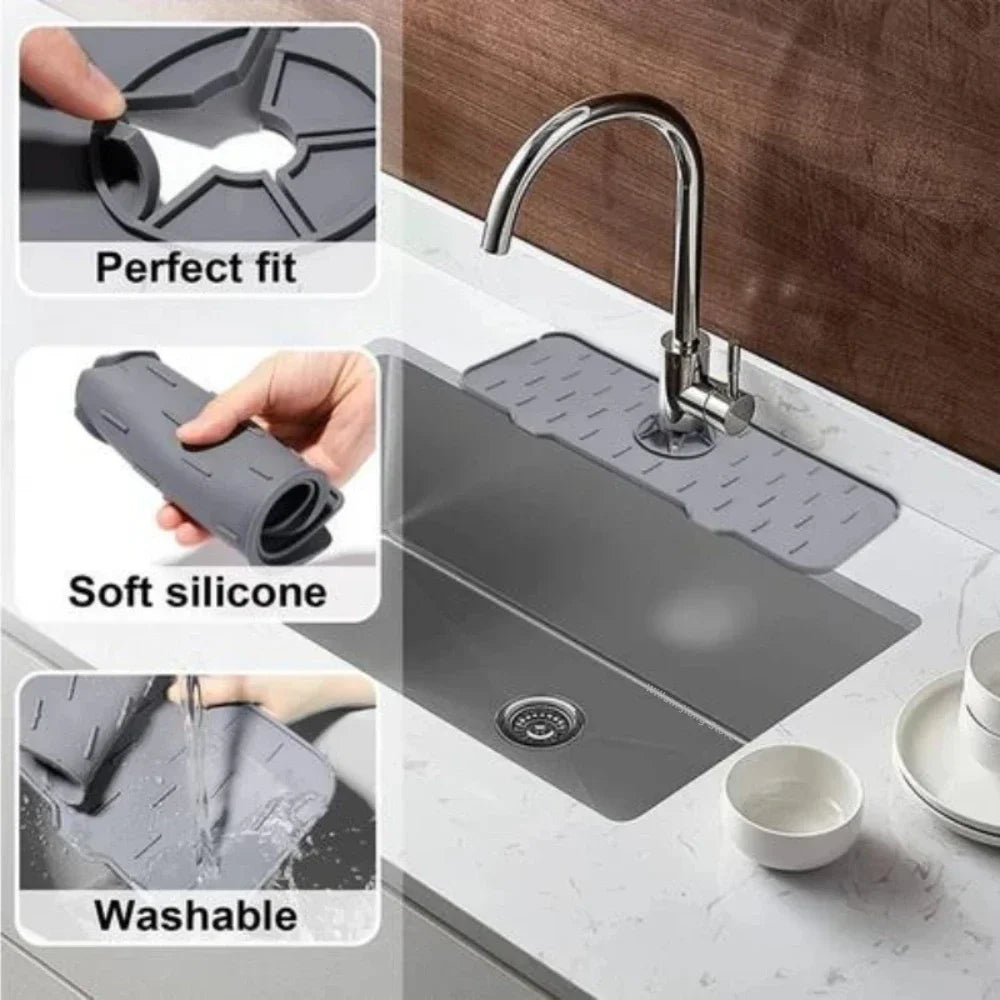 A silicone kitchen sink mat with a faucet splash guard is shown installed on a kitchen sink.