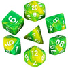 A collection of seven green and yellow polyhedral dice showing various numbers.