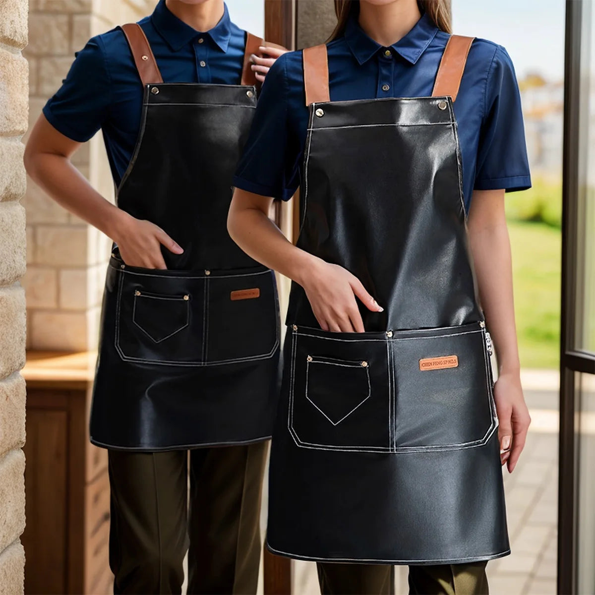 Two women wearing black leather kitchen aprons with pockets and brown straps standing indoors.