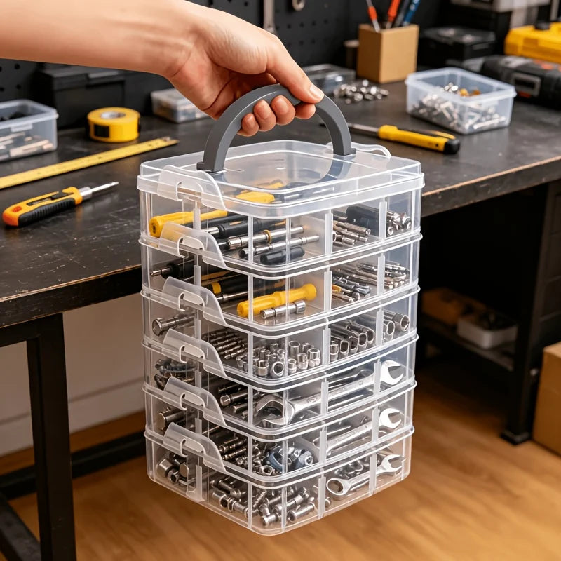 A hand holds a clear plastic storage organizer filled with various hardware and small parts.