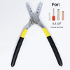 A pair of silver and black pliers used for crimping copper terminals onto tubular wire.