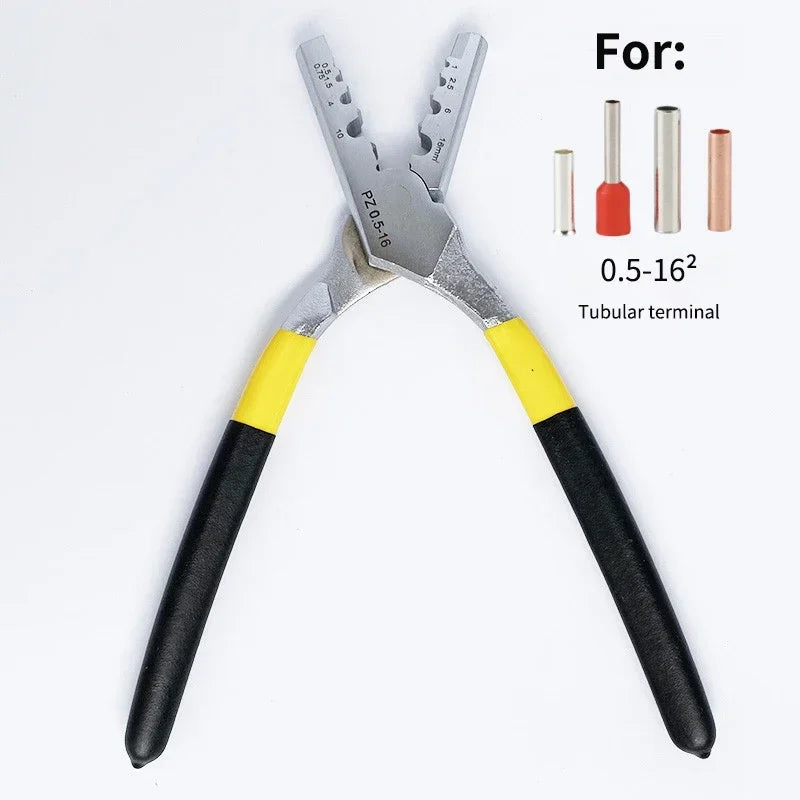 A pair of silver and black pliers used for crimping copper terminals onto tubular wire.