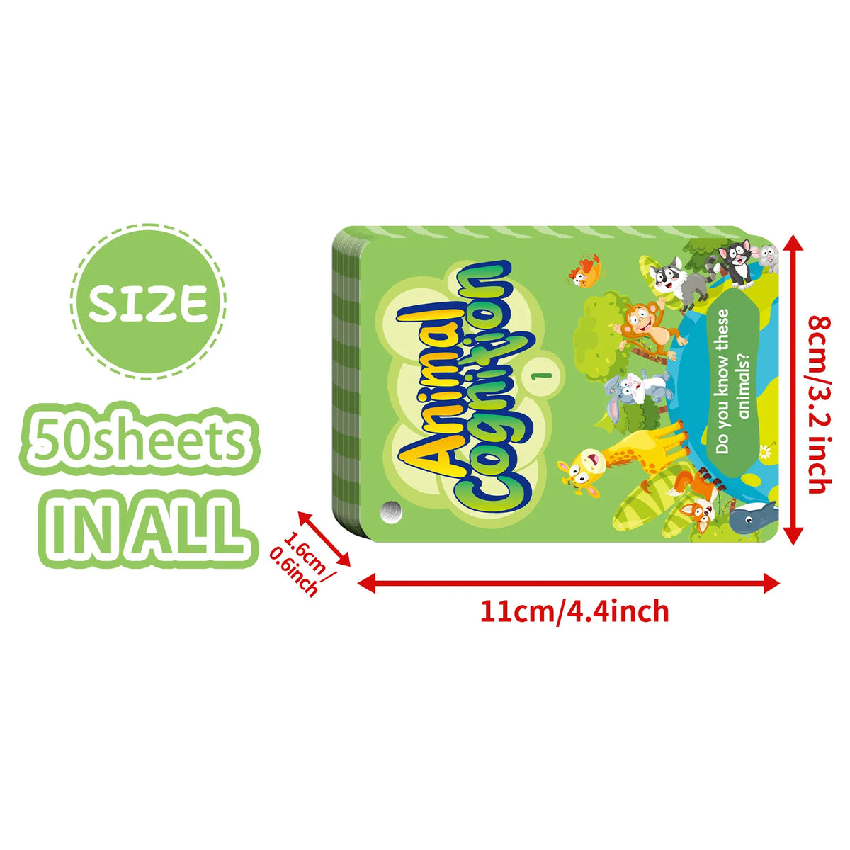 A green box of 50 sheets of Animal Cognition flash cards for early learning.