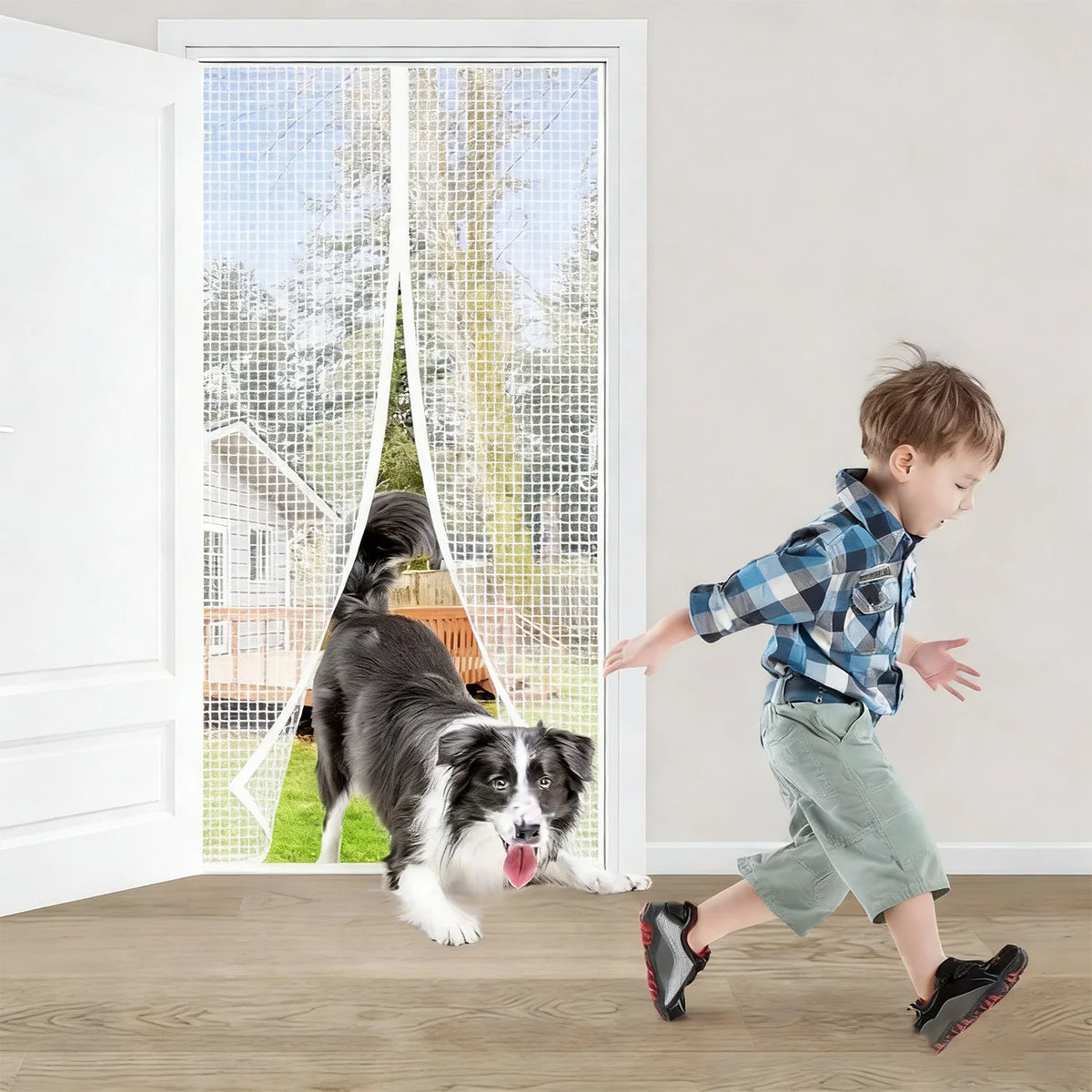 A young boy is running past a large glass screen door with a dog visible inside.