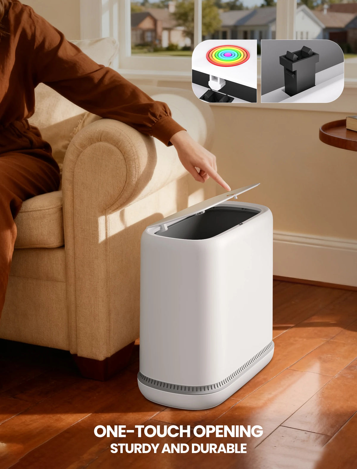 A white touchless trash can is shown on a wooden floor, with a hand opening the lid and an inset showing color options.
