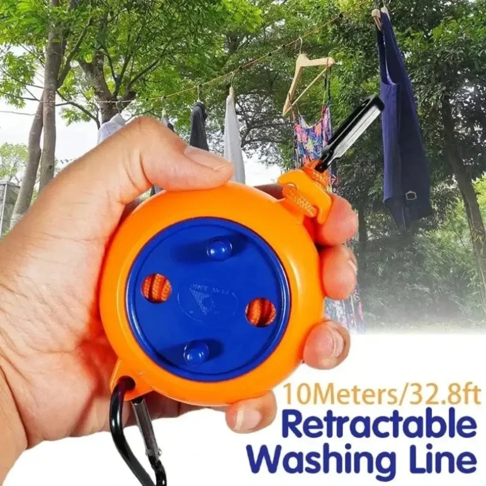 A hand holds an orange retractable washing line with a blue disc, demonstrating the portable drying rope.