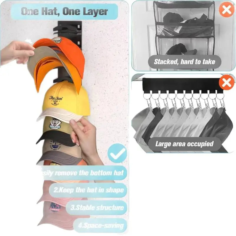 Wall-Mounted Cap Rack for Hat Storage and Organization