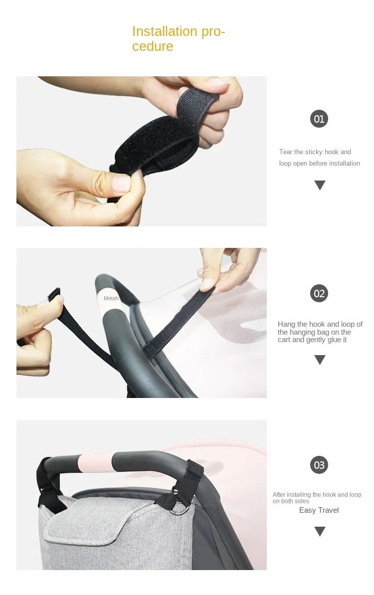 Installation procedure showing how to attach a hook and loop on a stroller organizer bag