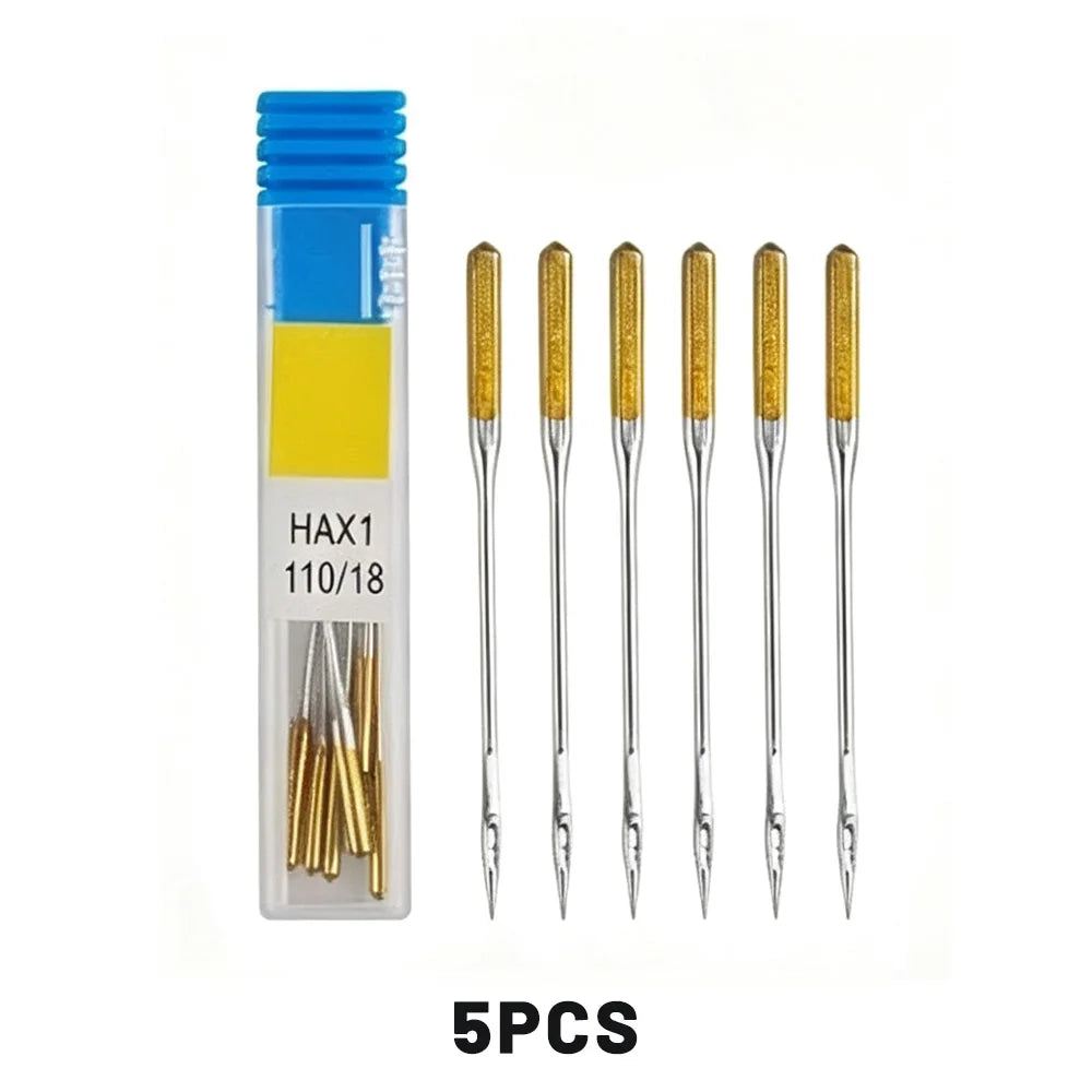 A pack of five gold anti-skip sewing machine needles in a plastic case.