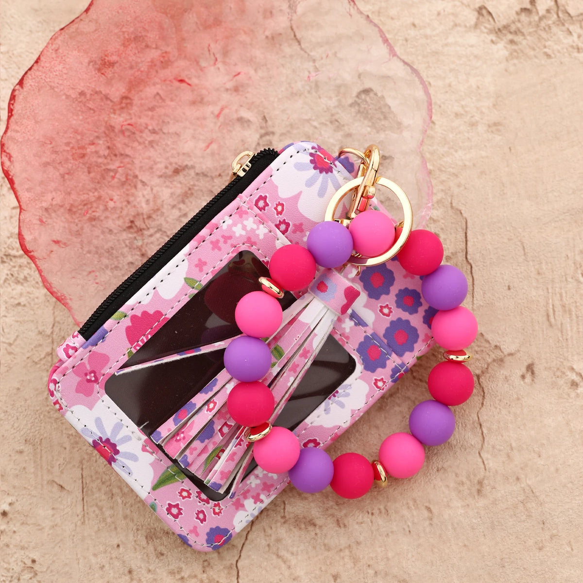 Floral Print PU Leather Wristlet Keychain Wallet with Card Holder