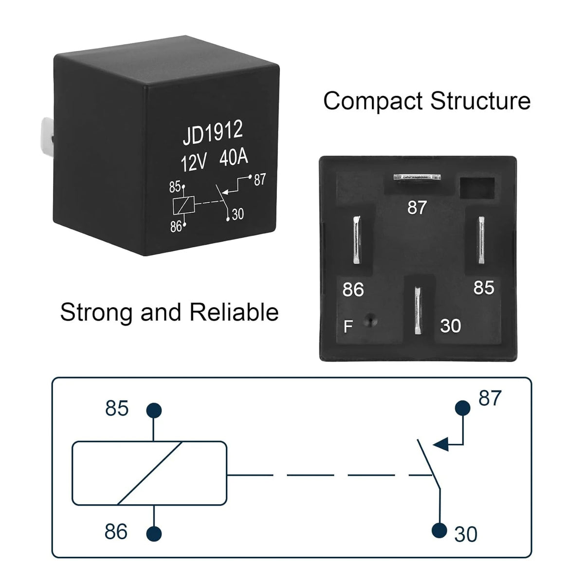 Black compact structure for a JD1912 12V 40A relay and fuse box with blade holders