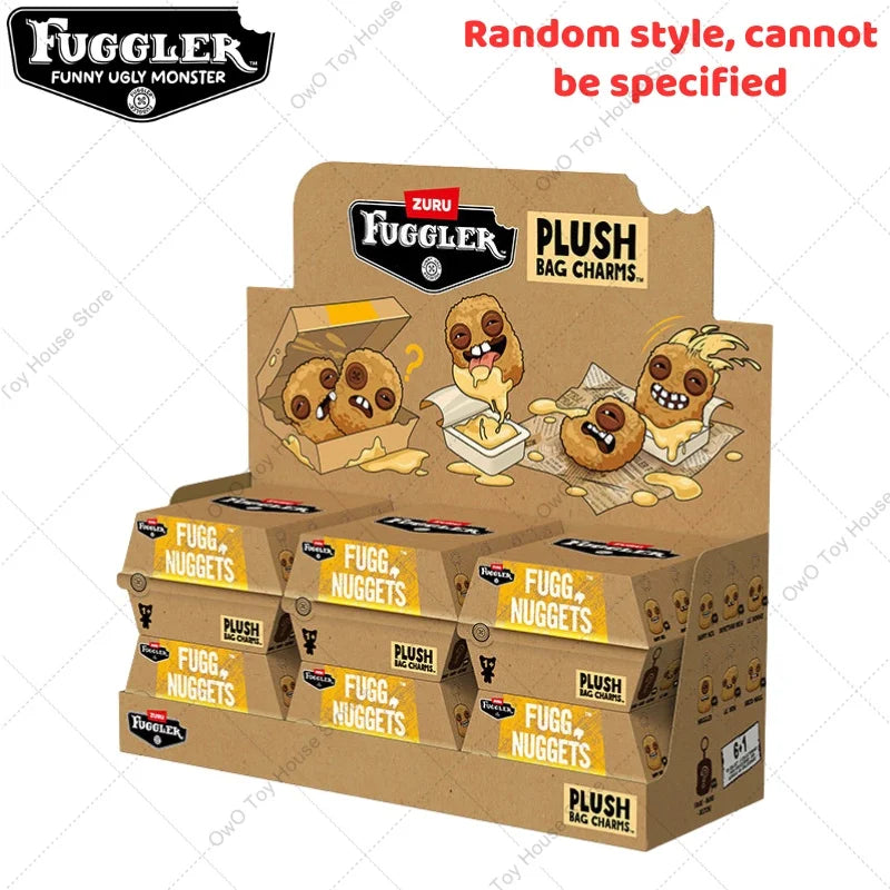 A box of Fuggler Plush Bag Charms nuggets and plugs is shown with the Fuggler Funny Ugly Monster logo.