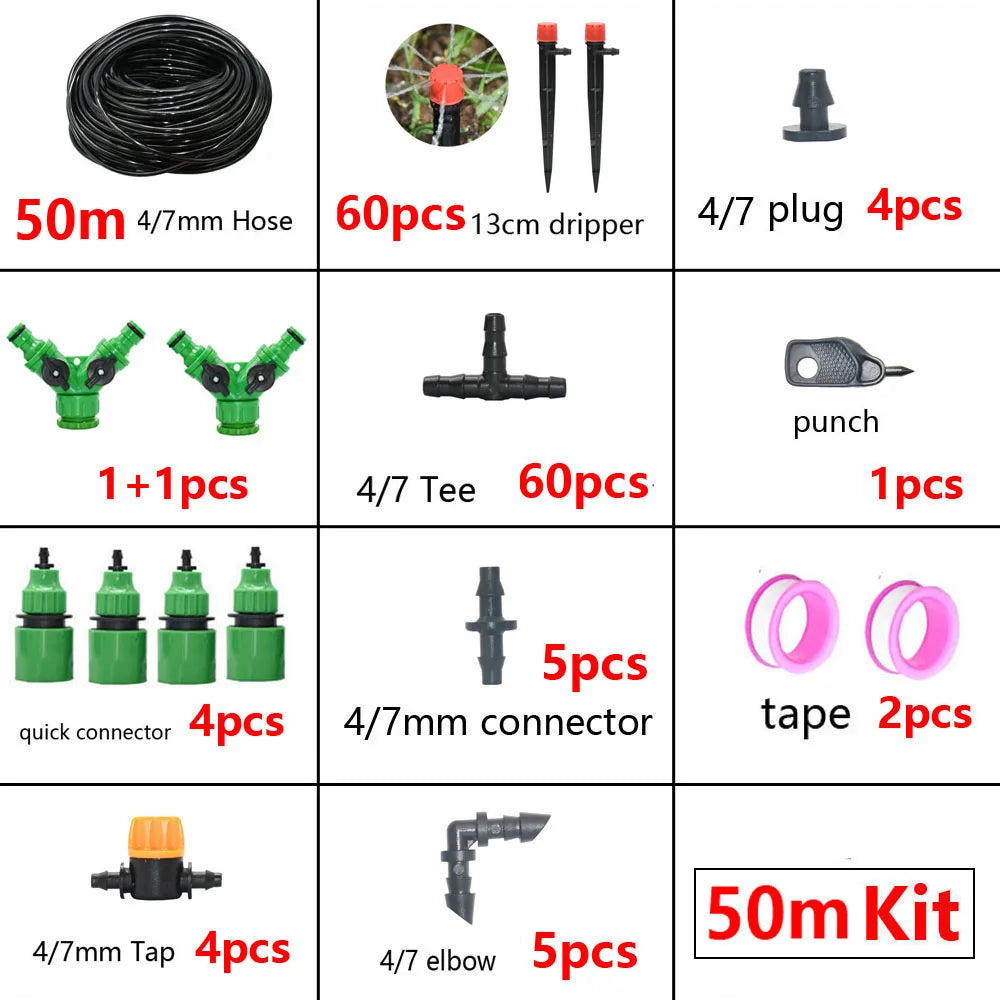A collection of various irrigation components including hoses, drippers, connectors, and taps for a DIY drip irrigation kit.
