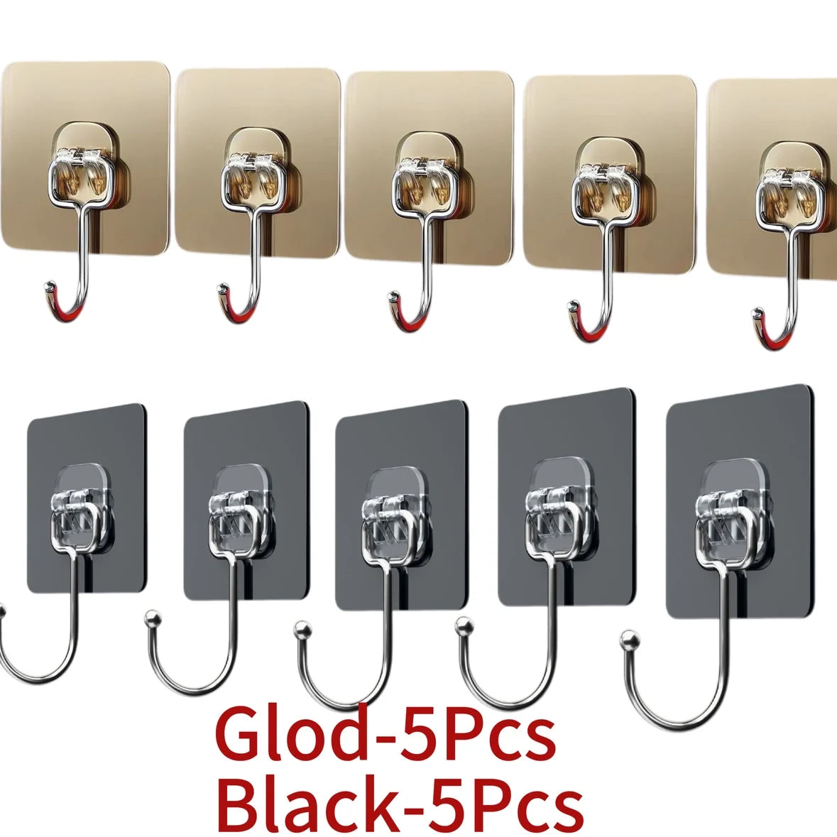 A set of five black self-adhesive rotating wall hooks for storage.