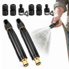 A set of three high pressure power washer nozzles for car and patio cleaning, shown with a hand spraying water.
