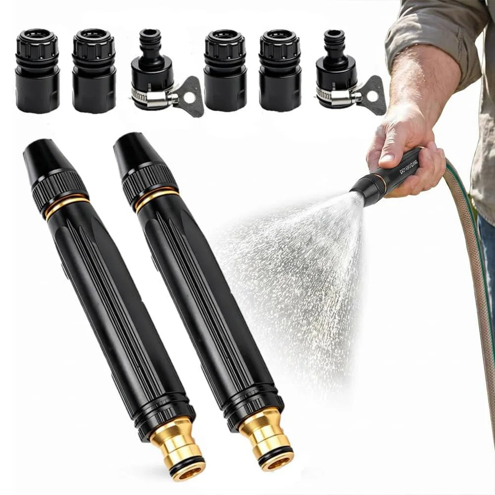 A set of three high pressure power washer nozzles for car and patio cleaning, shown with a hand spraying water.