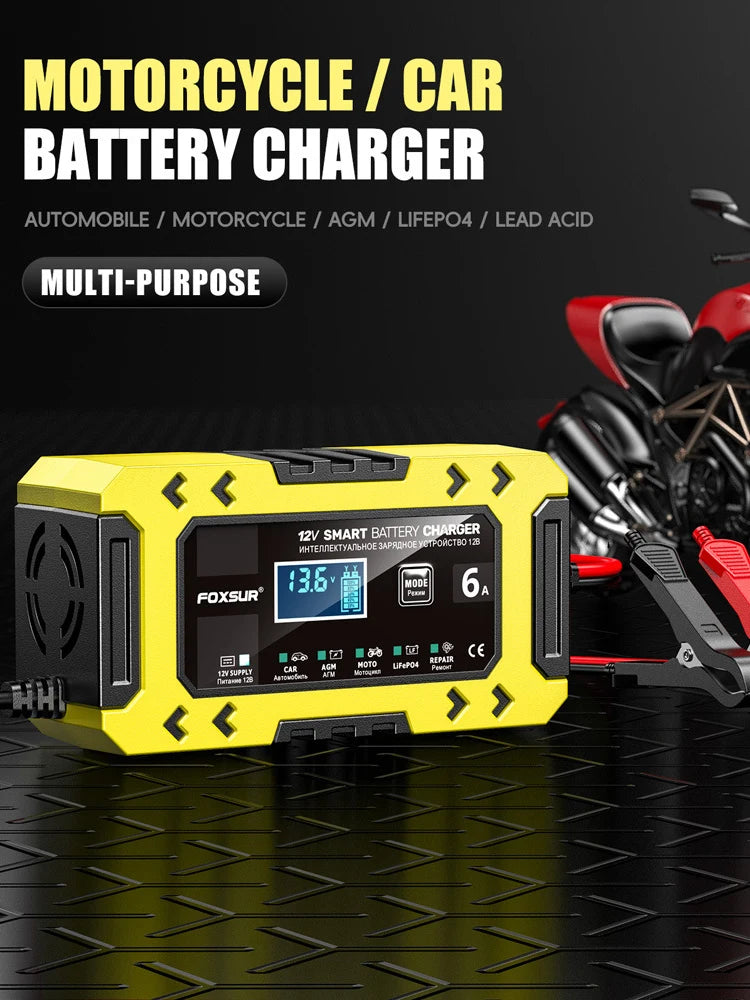 Cargador de batería inteligente amarillo Foxsur 12V para automóvil y motocicleta