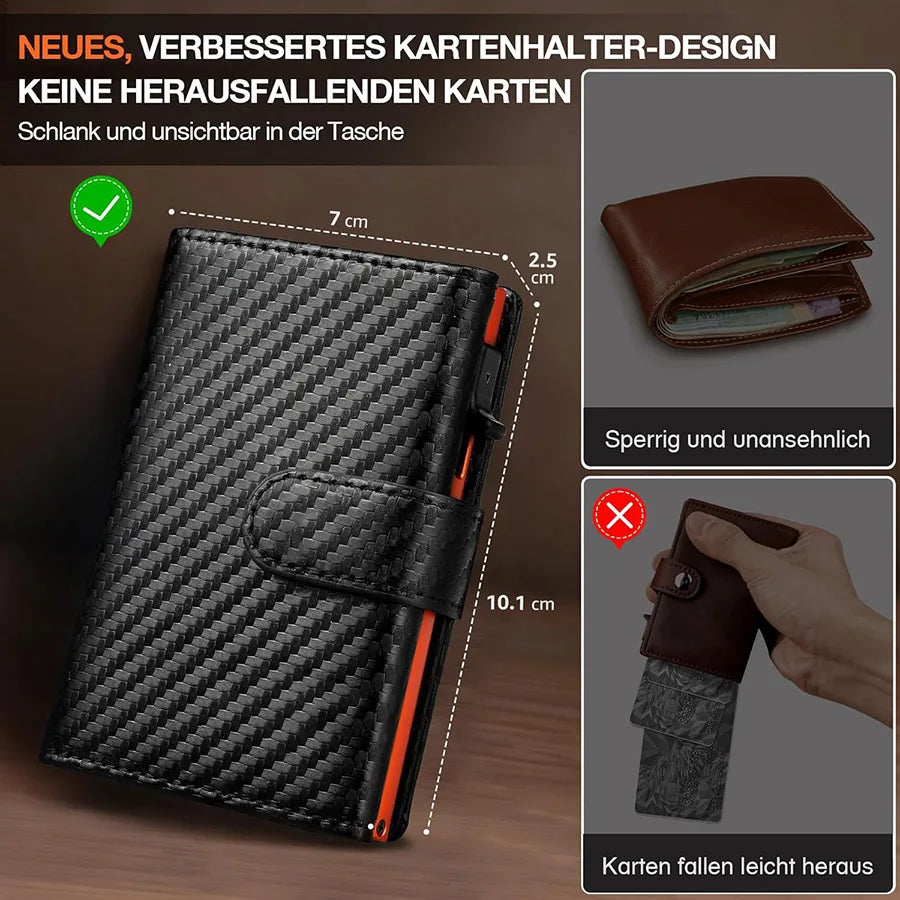 Schwarzes Geldbörsel mit Kohlefasertextur und orangem Akzent, geöffnet zur Kartenvorlage.